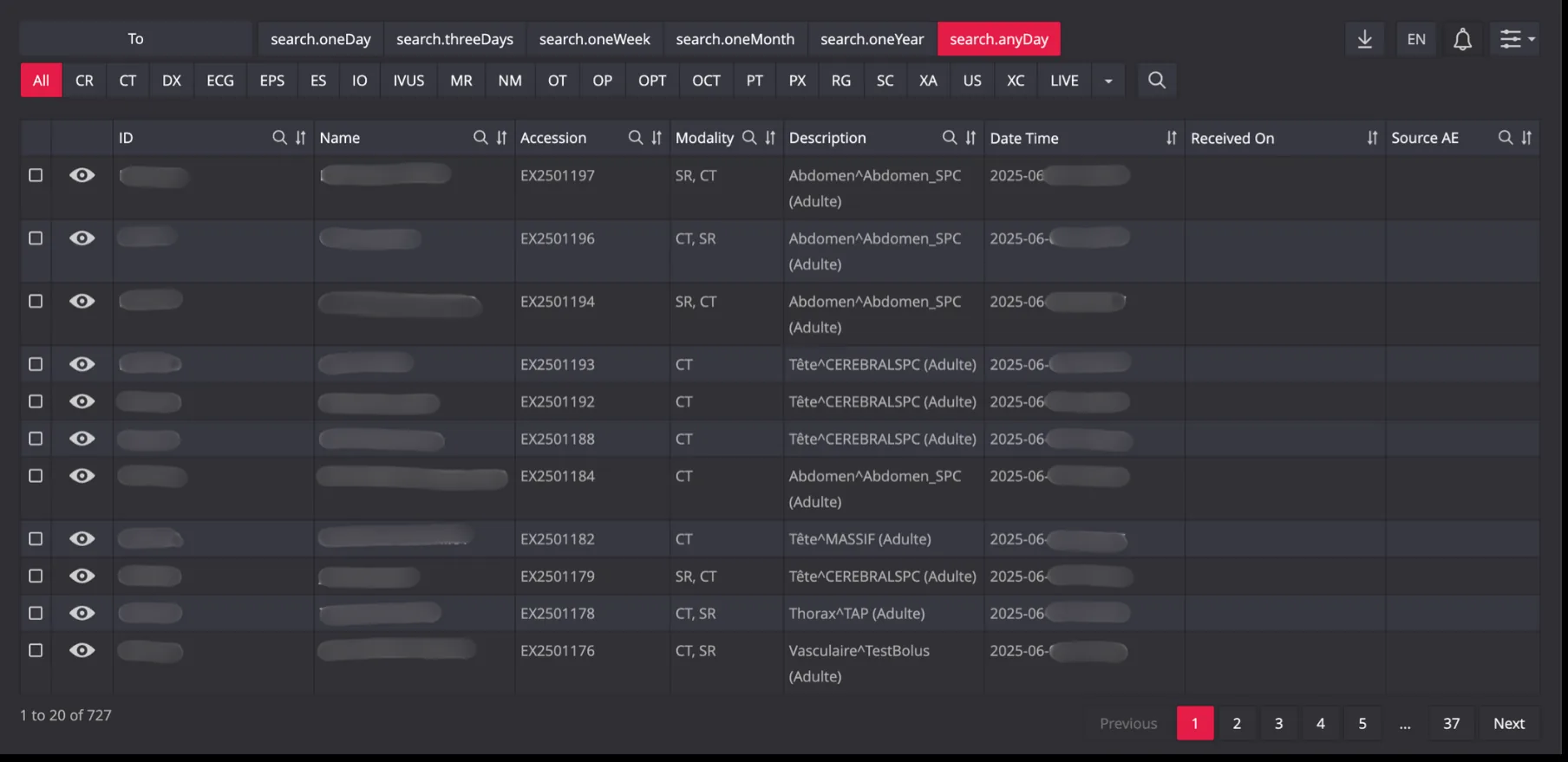 Figure 3: Clickable list of patient body scans and their personal information