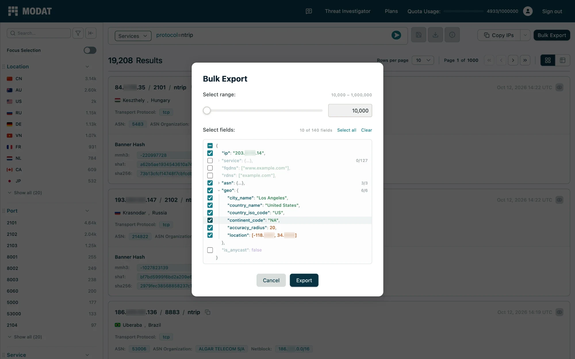 The Bulk Export dialog in Magnify, with the fields to export ticked next to a sample record