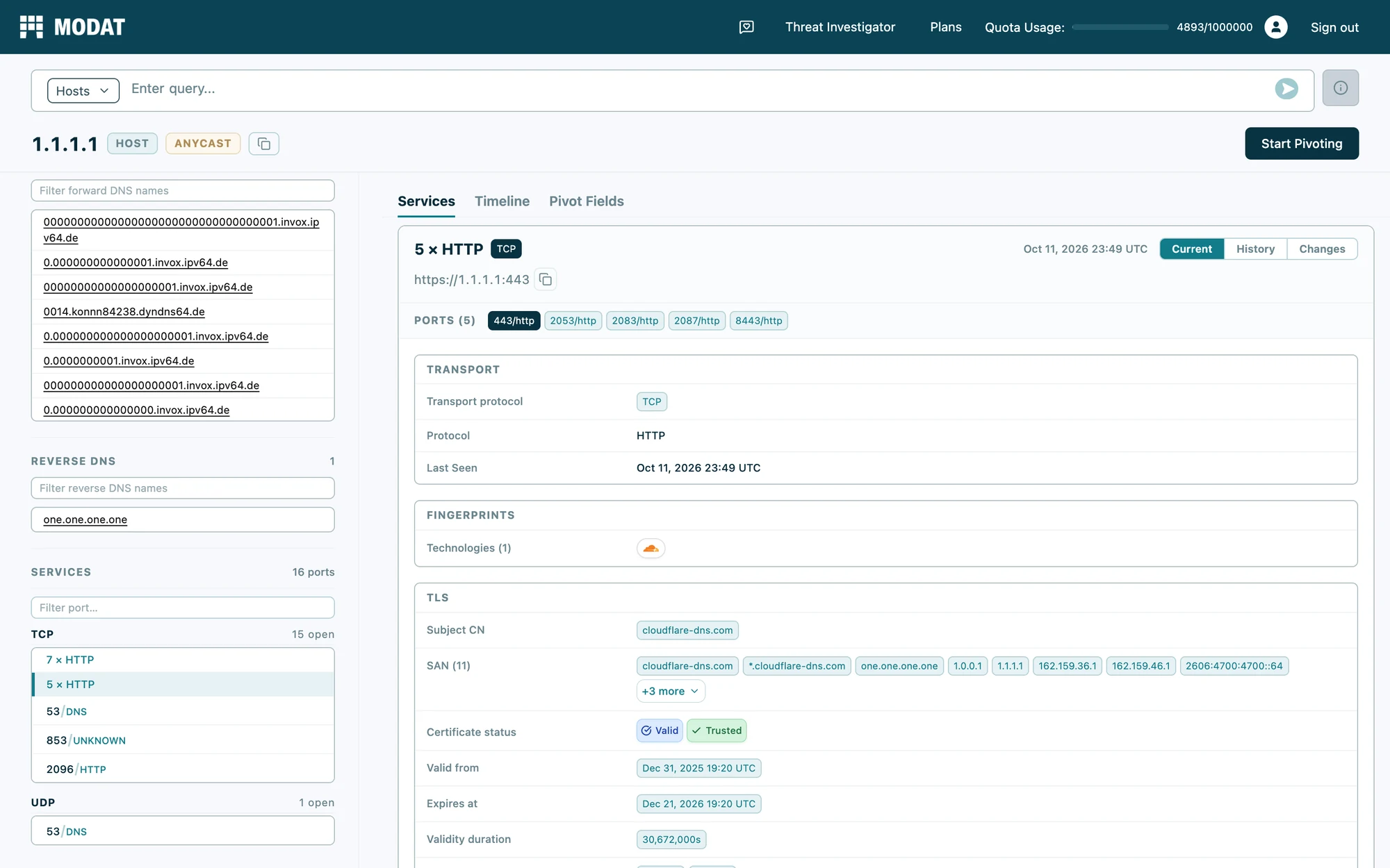 The Magnify host page for 1.1.1.1, with every service on one page and a services list in the sidebar
