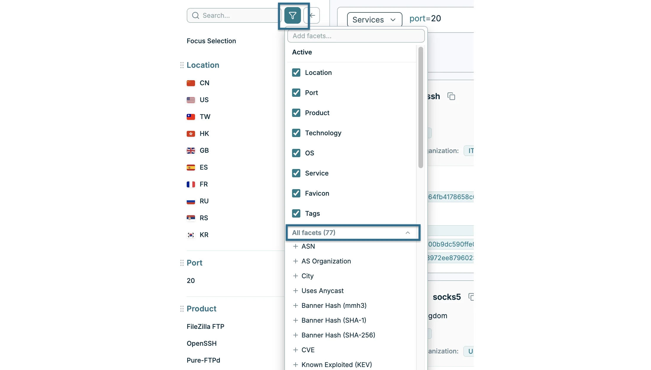 The facet picker in Magnify search, with the eight default facets active and the full list of facets to add below them