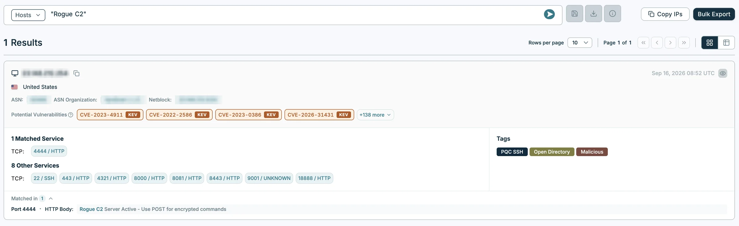A free text search for "Rogue C2" in Magnify, with the matching HTTP body highlighted under the result