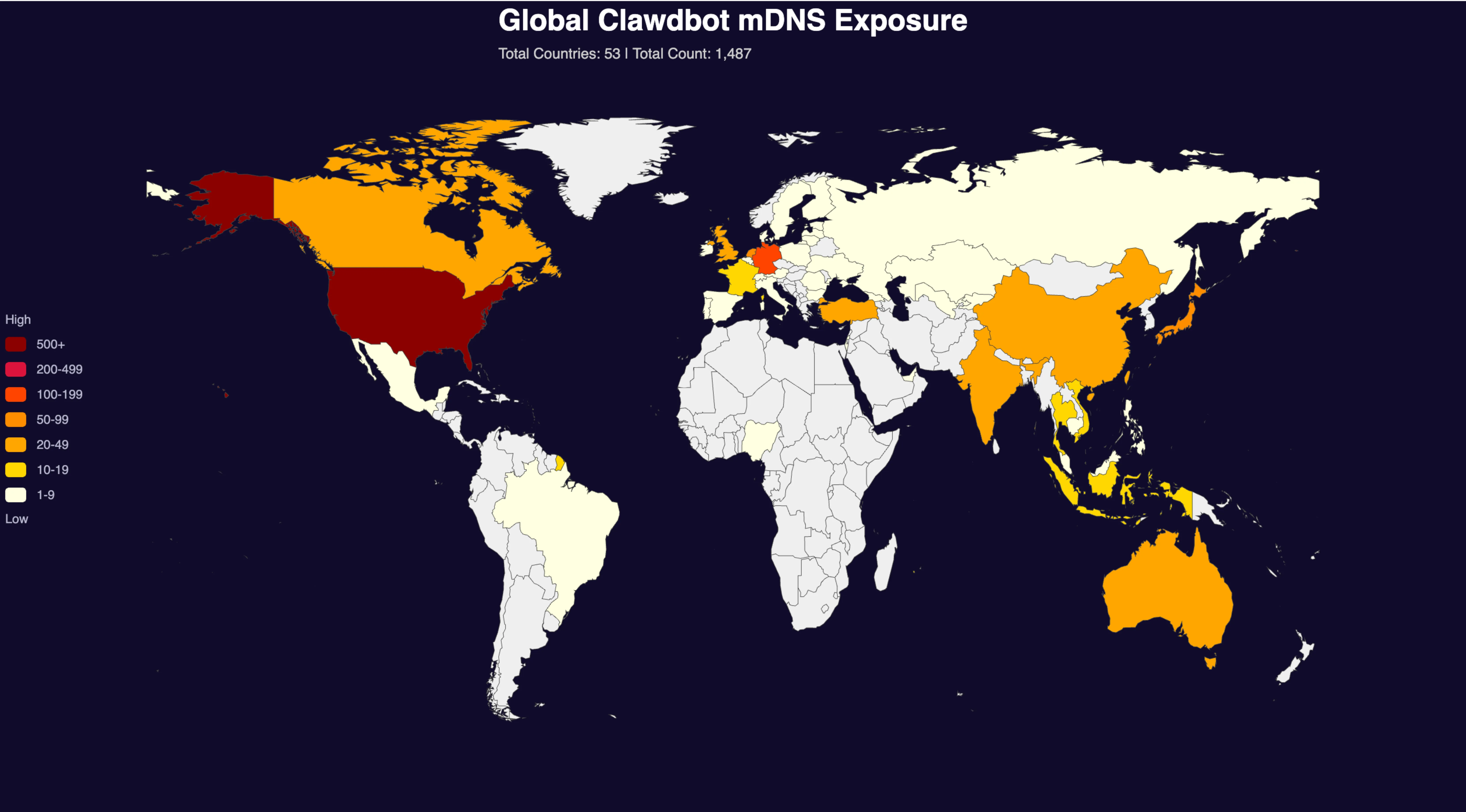 Figure 2: Map of Global Moltbot (Clawdbot) mDNS Exposure