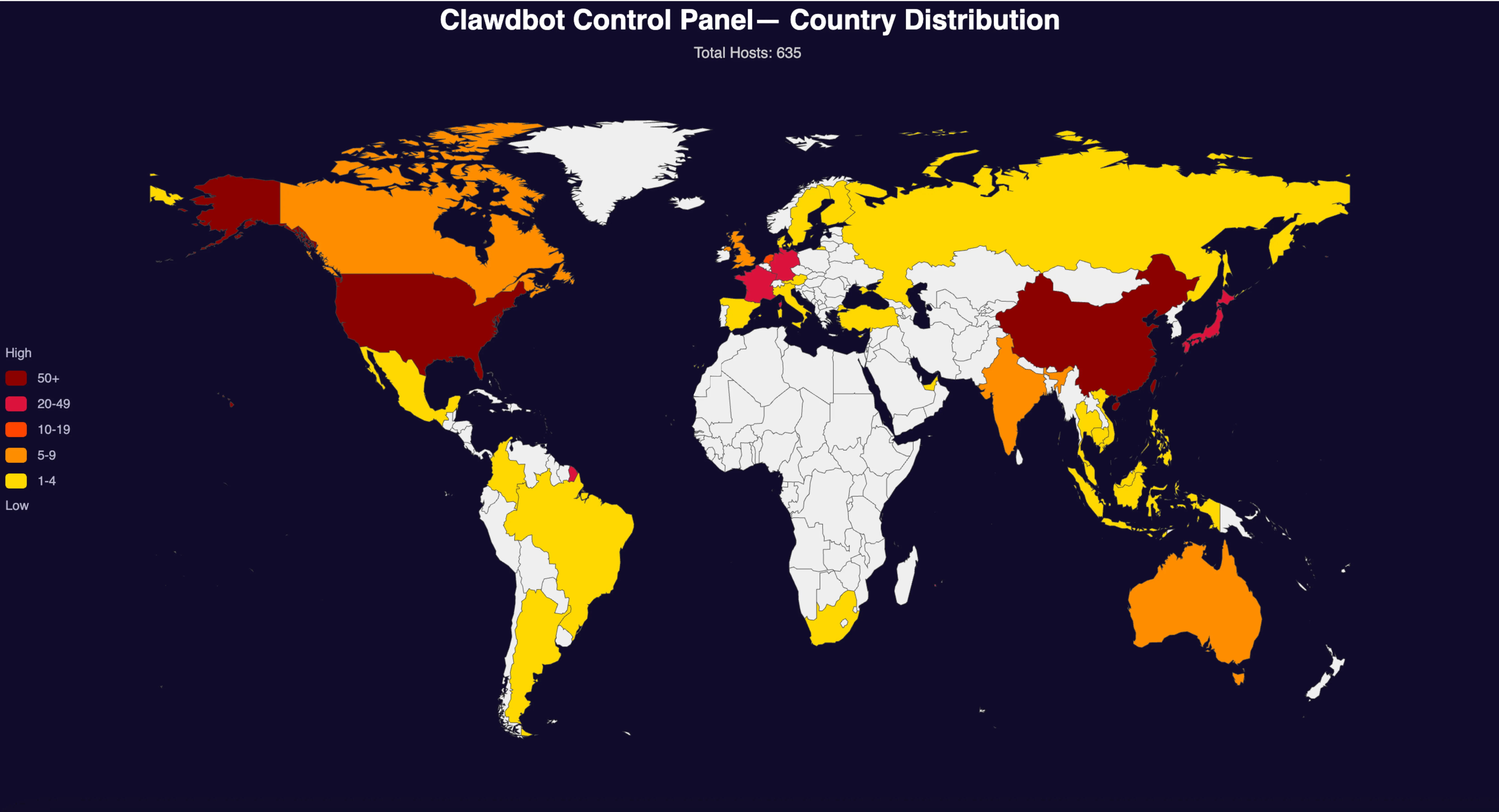 Figure 4: World Map Showing Concentration of Exposed Moltbot (Clawdbot) Panels