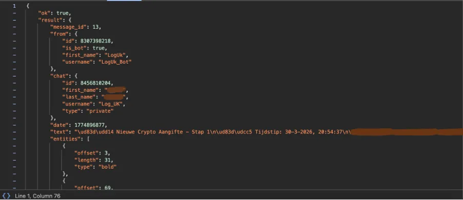 Figure 9: Example of Data sent to the Telegram bot
