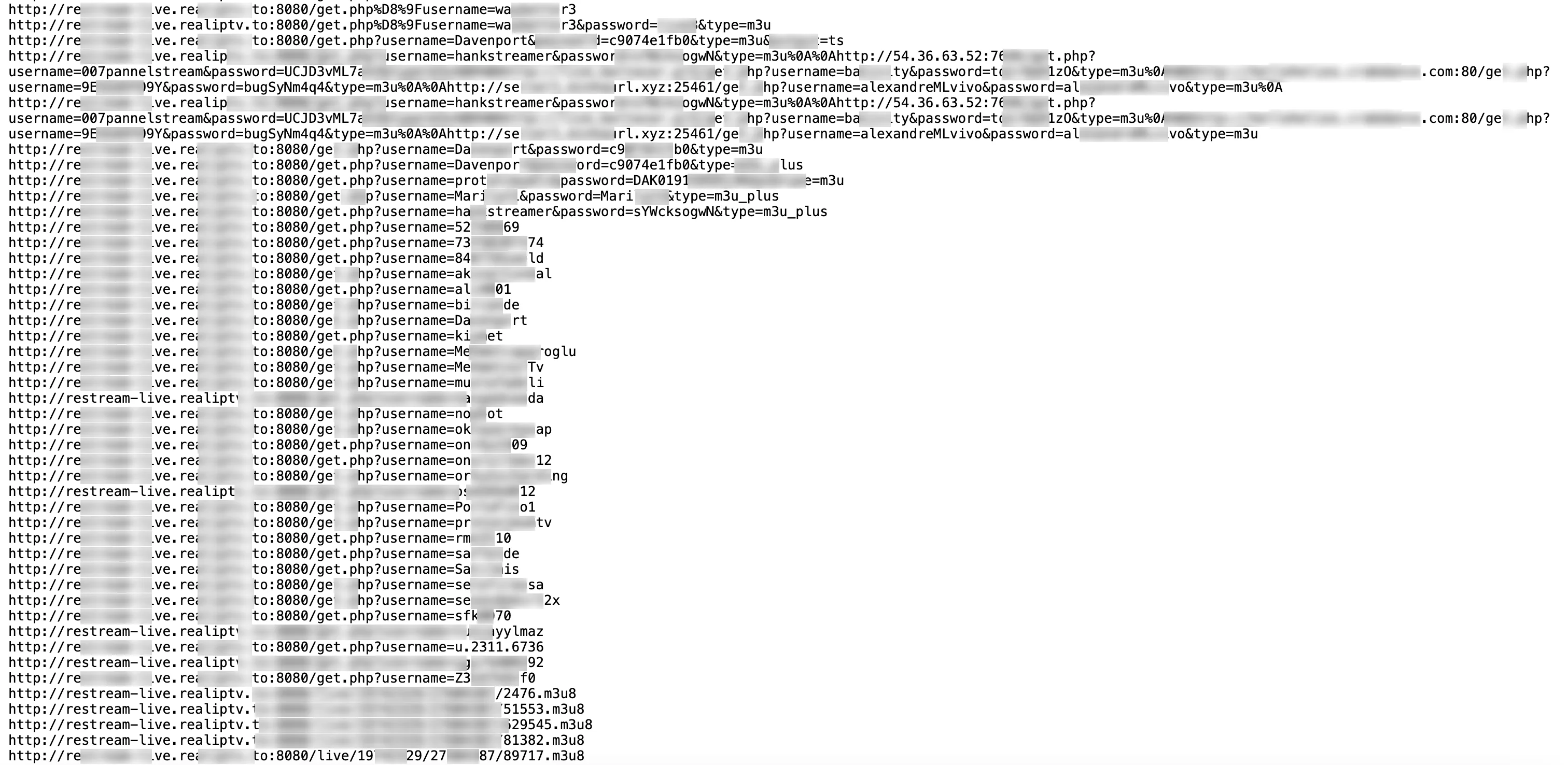 Listed URLs with credentials sold to IPTV users