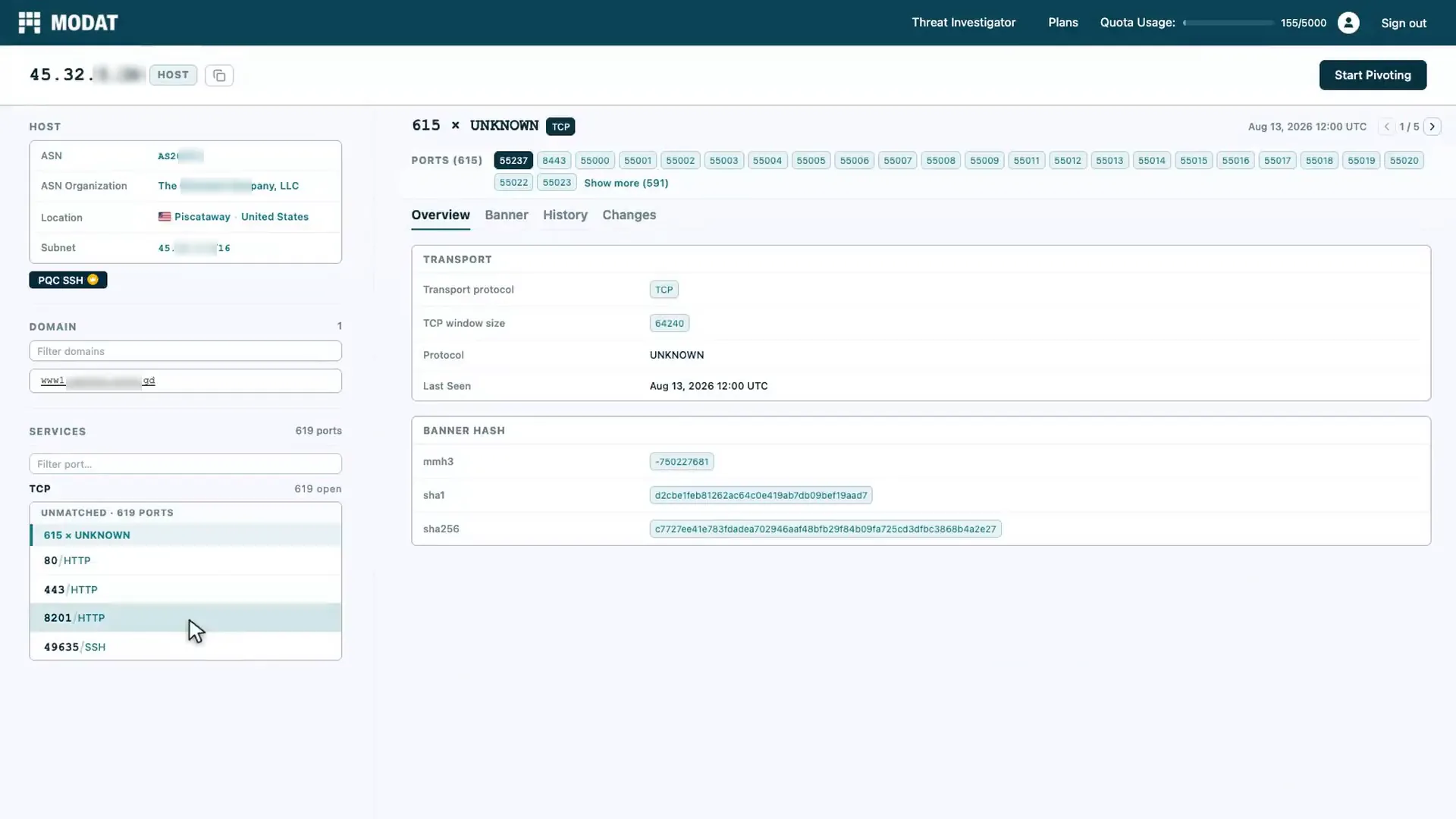 Screen recording of Modat Magnify: an IP query, the single result with its ports and CVEs, then the host profile with its ASN, subnet, domain, banner hashes and TLS certificate history. The host's identifying fields are partly blurred.