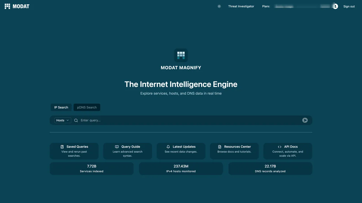 The Modat Magnify search screen, with live counts of indexed services, IPv4 hosts and DNS records