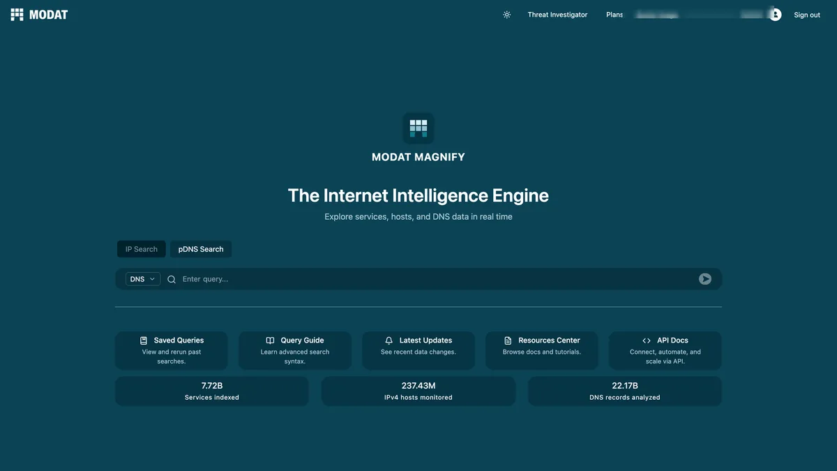 Passive DNS search in Modat Magnify, alongside IP search